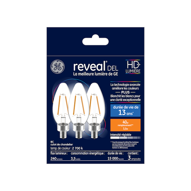 Ampoules de remplacement DEL HD REVEAL de GE de 40 W décoratives transparentes et culot de type candélabre BC (3/pqt)