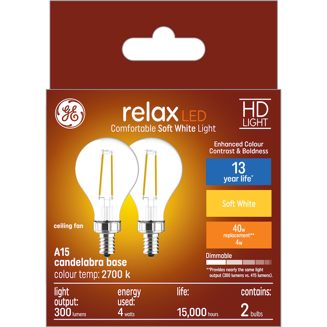 GE Relax HD Soft White 40W Replacement LED Clear Ceiling Fan Candelabra Base A15 Light Bulbs (2-Pack)