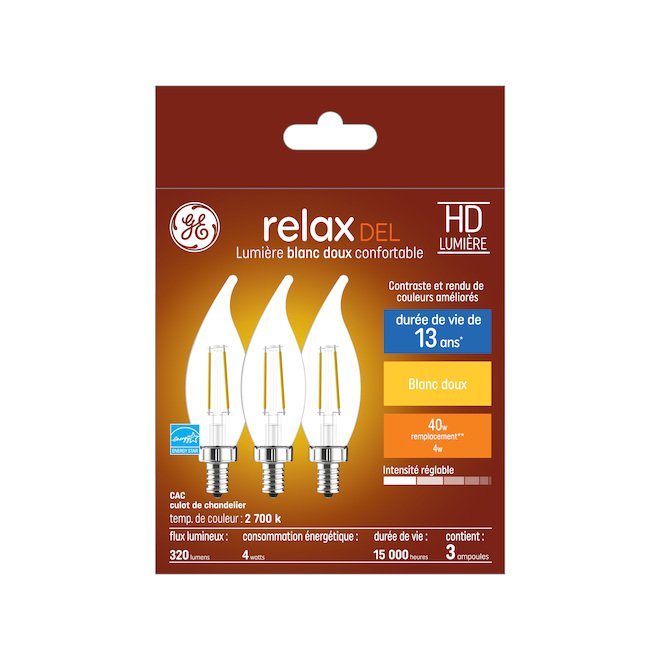 Ampoules de remplacement DEL blanc doux HD RELAX de GE de 40 W à pointe courbée et culot candélabre CAC moyen (3/pqt)