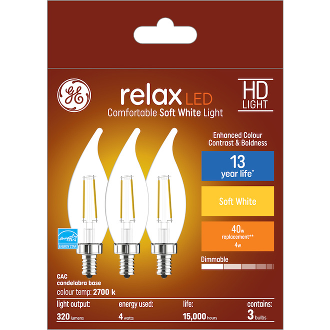 GE Relax HD Soft White 40W Replacement LED Decorative Clear Bent Tip Candelabra Base CAC Light Bulbs (3-Pack)