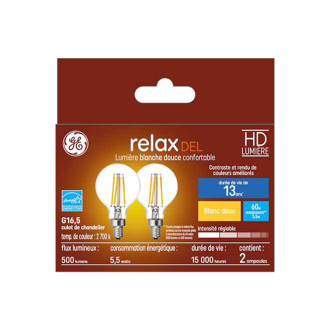 Ampoules de remplacement DEL blanc doux HD RELAX GE 60 W décoratives transparentes avec culot candélabre G16.5 (2/pqt)