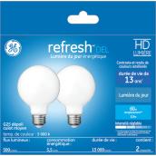 Ampoules de remplacement DEL lumière du jour HD REFRESH GE 60 W globes décoratives blanches et culot moyen G25 (2/pqt)