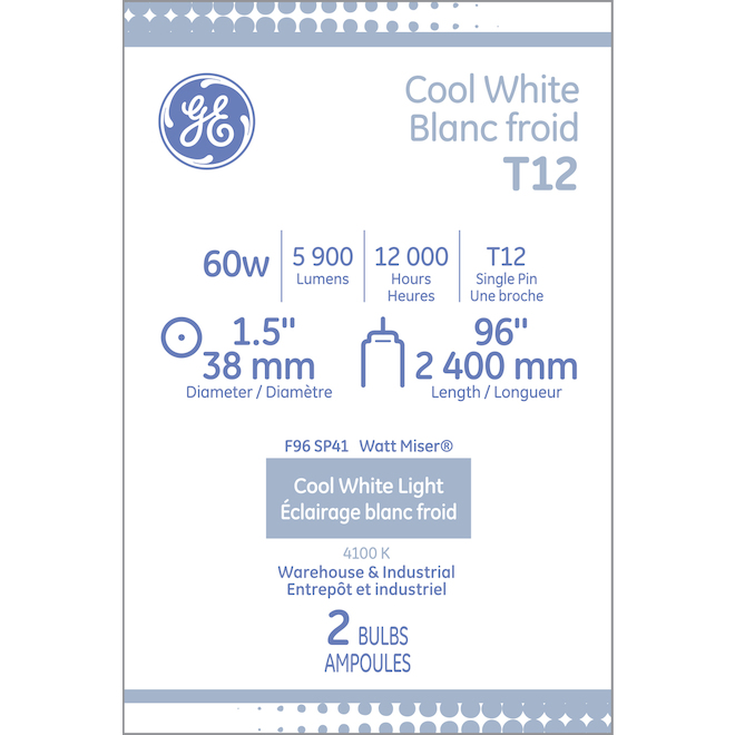 GE Cool White 60 W Fluorescent 96-in Single Pin T12 Light Bulbs - 2/Pk