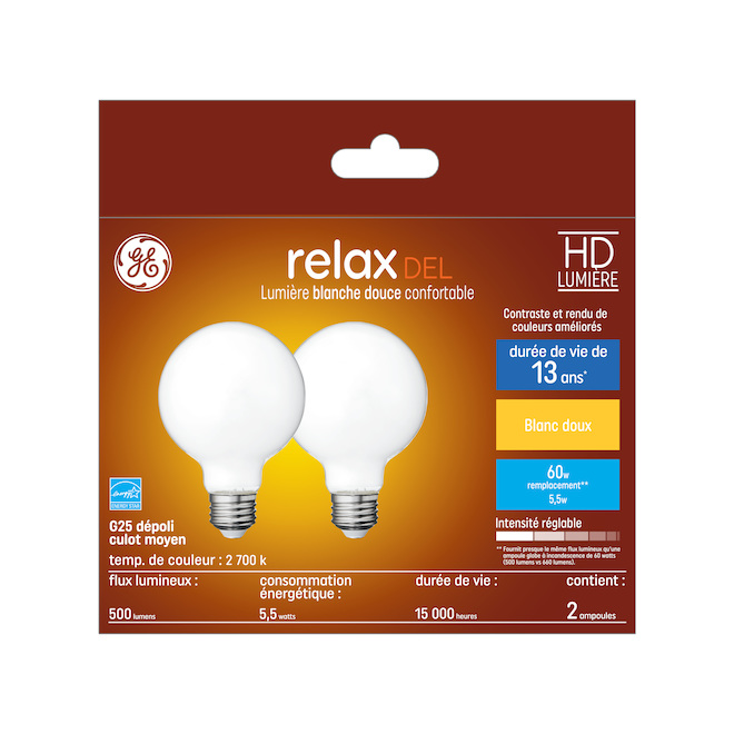 Ampoules de remplacement DEL blanc doux HD RELAX de GE de 60 W décoratives givrées globes et un culot moyen G25 (2/pqt)