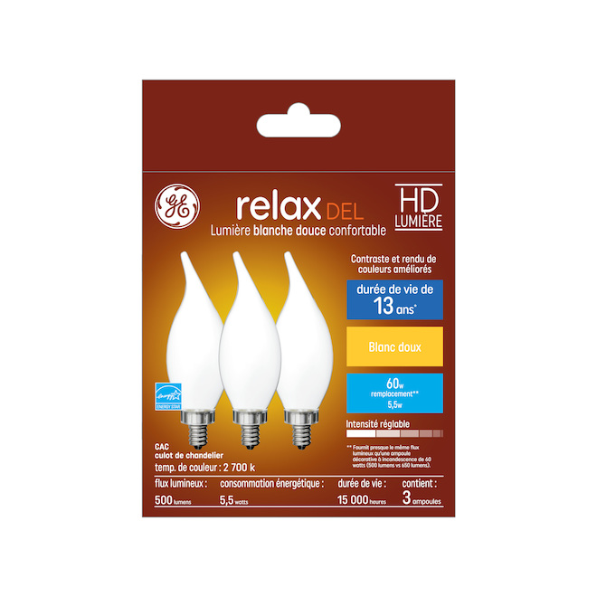 Ampoules de remplacement DEL blanc doux HD RELAX GE 60 W blanches à pointe courbée et culot candélabre CAC moyen (3/pqt)