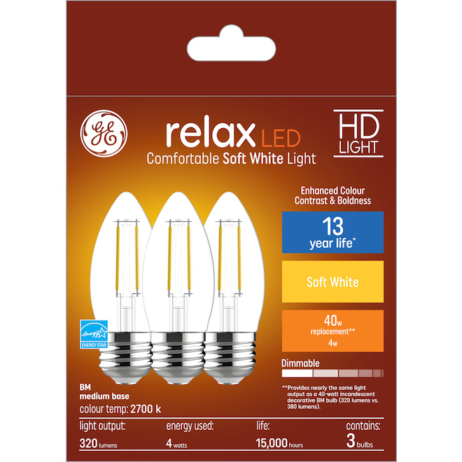 GE Relax HD Soft White 40W Replacement LED Decorative Clear Blunt Tip Medium Base BM Light Bulbs (3-Pack)