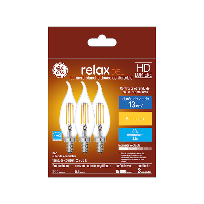 Ampoules de remplacement DEL blanc doux HD RELAX de GE de 60 W  à pointe courbée et culot candélabre CAC moyen (3/pqt)