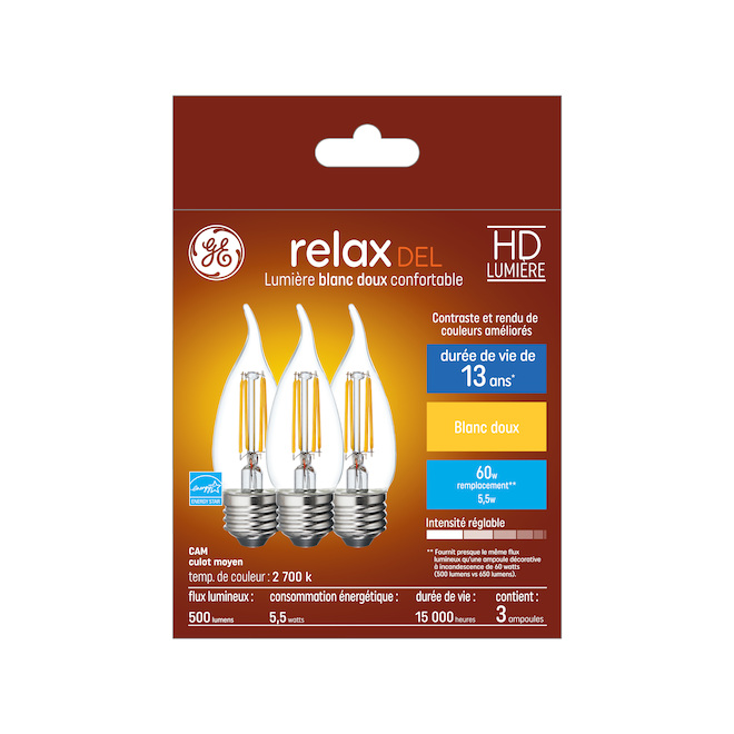 Ampoules de remplacement DEL blanc doux HD RELAX de GE de 60 W à pointe courbée et culot candélabre CAM moyen (3/pqt)