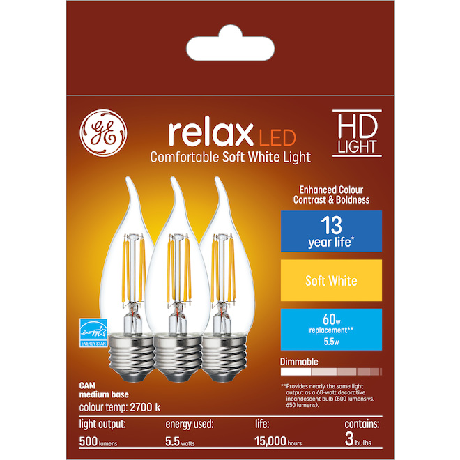 GE Relax HD Soft White 60W Replacement LED Decorative Bent Tip Medium Base CAM Light Bulbs (3-Pack)