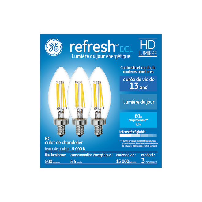 Ampoules de remplacement DEL lumière du jour HD REFRESH GE 60 W décoratives transparentes à culot candélabre BC (3/pqt)