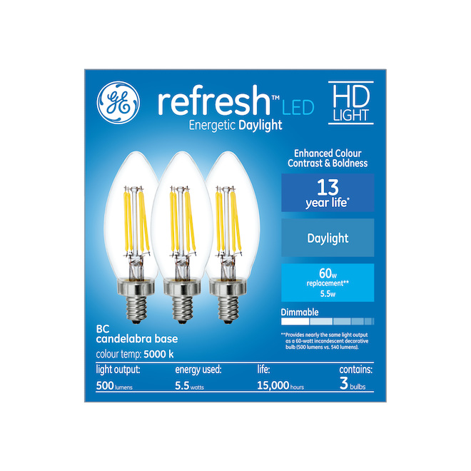 GE Refresh HD Daylight 60W Replacement LED Decorative Clear Blunt Tip Candelabra Base BC Light Bulbs (3-Pack)