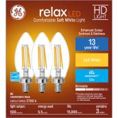 GE Relax HD Soft White 60W Replacement LED Decorative Clear Blunt Tip Candelabra Base BC Light Bulbs (3-Pack)