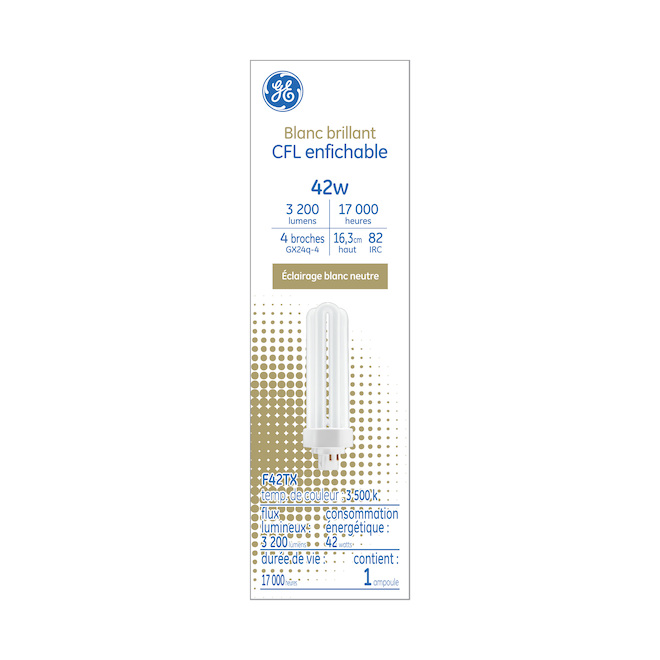 GE Bright White 42W Plug-in CFL Bulbs 6-Pack | GX24q-4 Base 3500K 3200 Lumens F42TBX