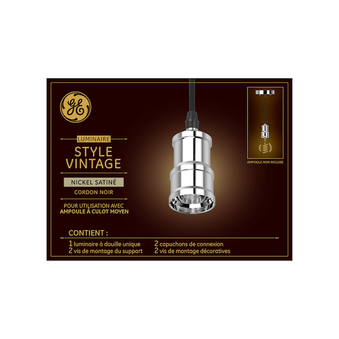 Luminaire suspendu à douille unique de style vintage de GE pour ampoule à culot moyen, nickel satiné