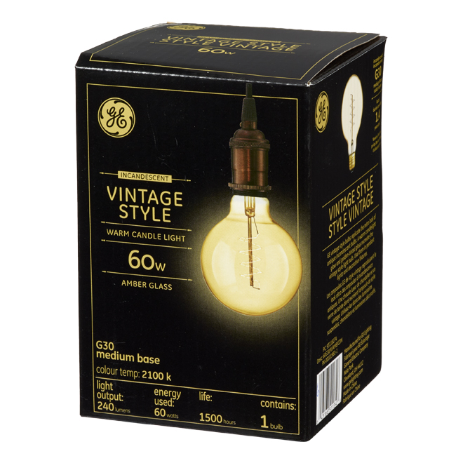 GE Vintage 60W Incandescent Decorative Amber Finish Globe G30 Light Bulb (1-Pack)