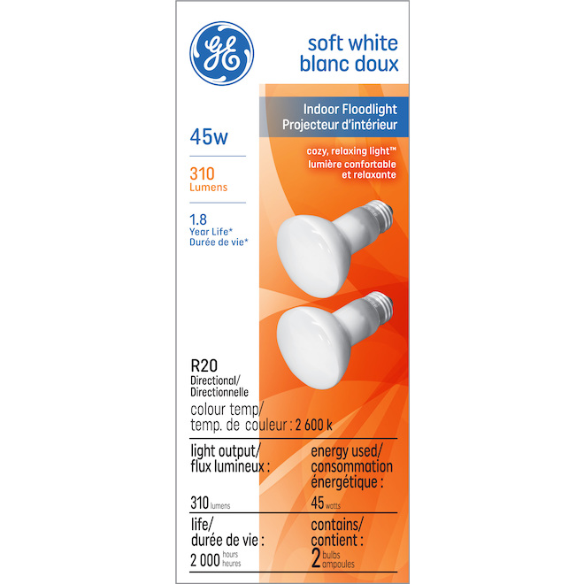 GE Soft White 45W Incandescent Dimmable Indoor Floodlight R20 Light Bulb (2-Pack)