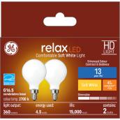 GE Relax HD Soft White 40W Replacement LED Decorative Globe White Candelabra Base G16.5 Light Bulbs (2-Pack)