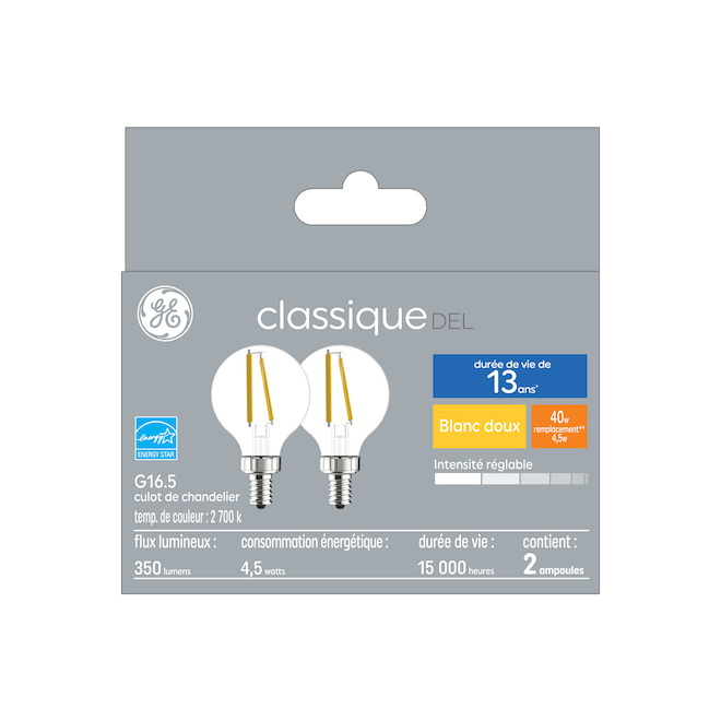 Ampoules classiques globe G16 à DEL transparentes par GE, blanc doux, 40 W, à base de candélabre (paquet de 2)