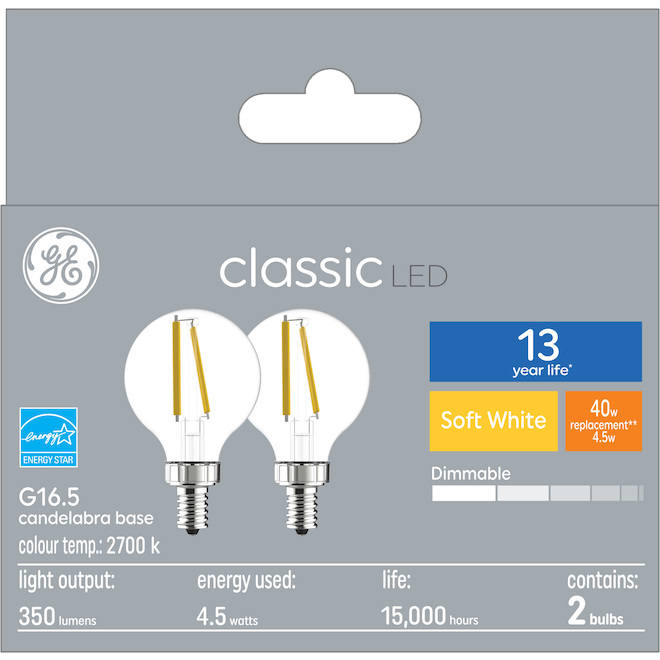 GE Classic Soft White 40 W Replacement LED Clear Decorative Globe Candelabra Base G16 Light Bulbs (2-Pack)