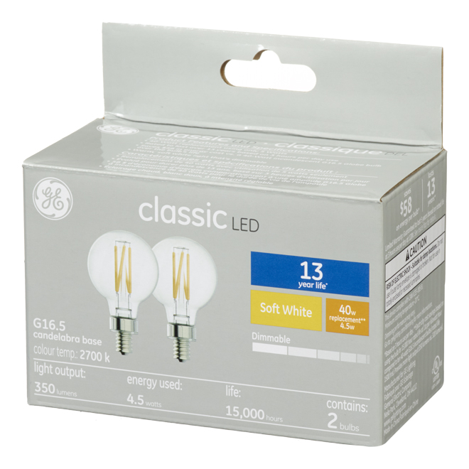 GE Classic Soft White 40 W Replacement LED Clear Decorative Globe Candelabra Base G16 Light Bulbs (2-Pack)