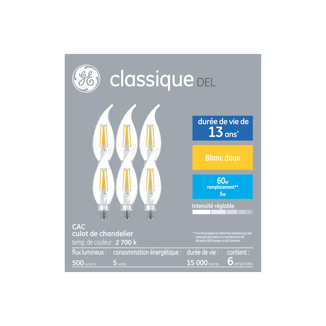 Ampoules DEL CAC de GE à culot de type candélabre, 5 W équivalent à 60 W, blanc doux, paquet de 6