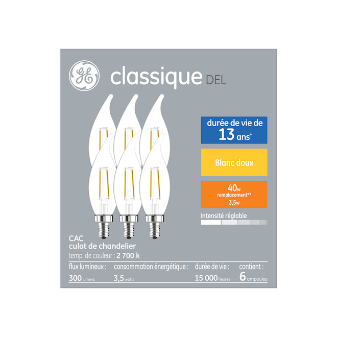 Ampoules blanc doux à DEL de 40W, culot de type candélabre, par GE, paquet de 6