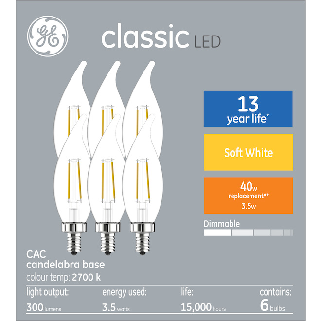 GE Soft White 40W Replacement LED Decorative White Bent Tip Candelabra Base CAC Light Bulbs (6-Pack)