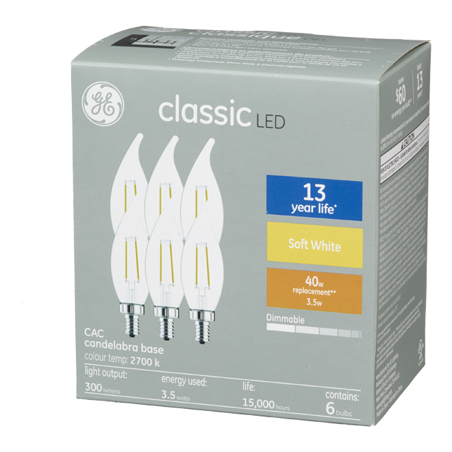 GE Soft White 40W Replacement LED Decorative White Bent Tip Candelabra Base CAC Light Bulbs (6-Pack)