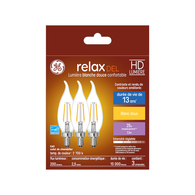 Ampoules de remplacement DEL blanc doux HD RELAX GE 25 W à pointe courbée et culot de type candélabre CAC moyen (3/pqt)