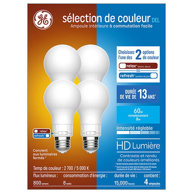 Ampoule DELGE Color Select à intensité variable de 60 W, A19 (paquet de 4)