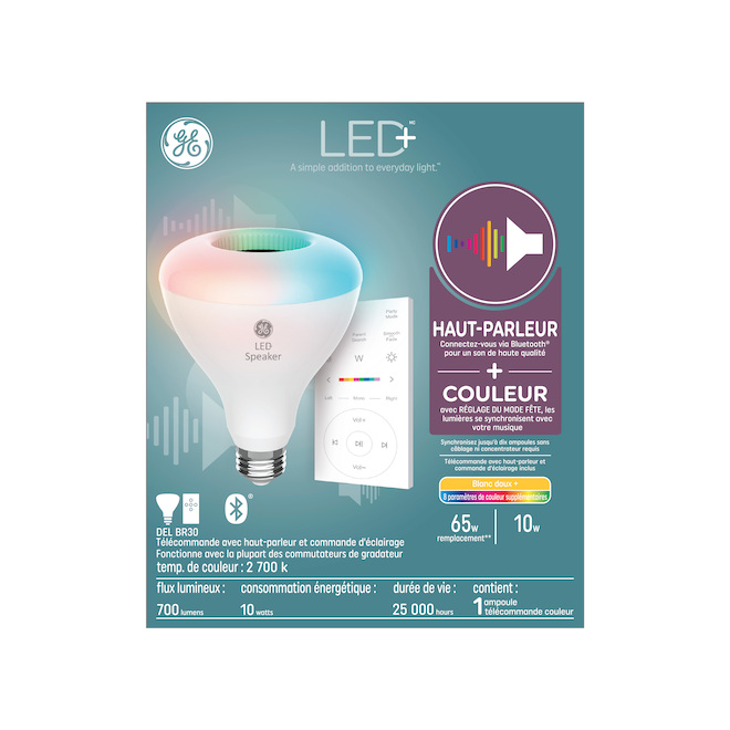 Ampoule DEL haut-parleur + télécommande GE LED + de 65-Watt, BR30, multicolore (1/pqt)