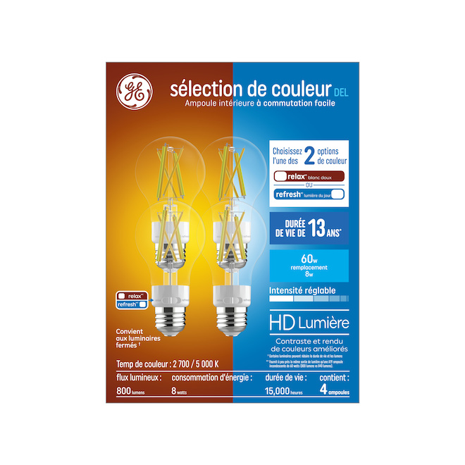 Ampoule DEL à intensité variable GE Color Select blanc de 60 watts, A19 (4/pqt)