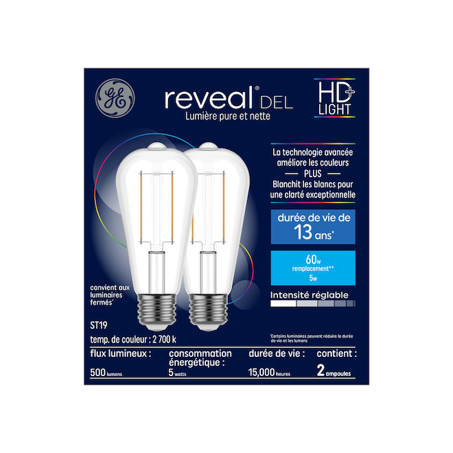 Ampoule Edison à intensité variable GE Reveal blanc doux de 60 W, ST19 (2/pqt)