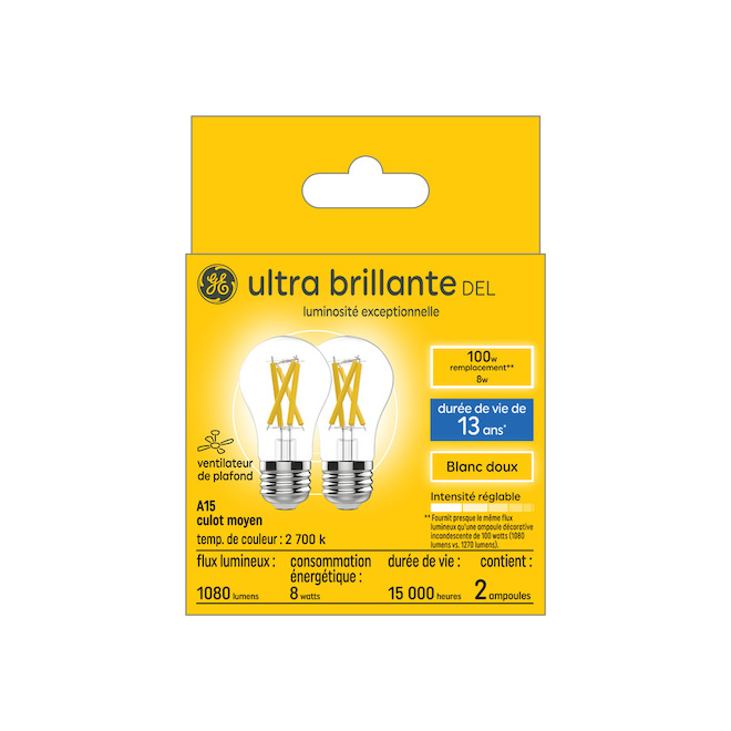 Ampoule DEL à intensité variable GE Ultra Bright blanc doux de 8 W,A15 (2/pqt)