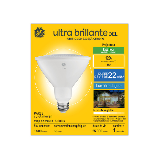 Ampoule DEL à intensité variable GE Ultra Bright de 120 watts EQ, PAR38, lumière du jour (1/pqt)