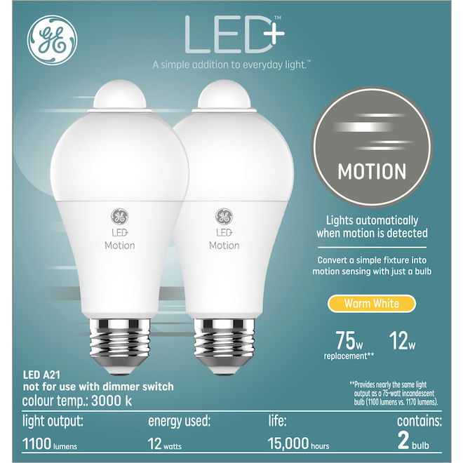 GE LED+ 75-Watt EQ A21 Soft White Dimmable Light Bulb with Motion Detector  (2-Pack)