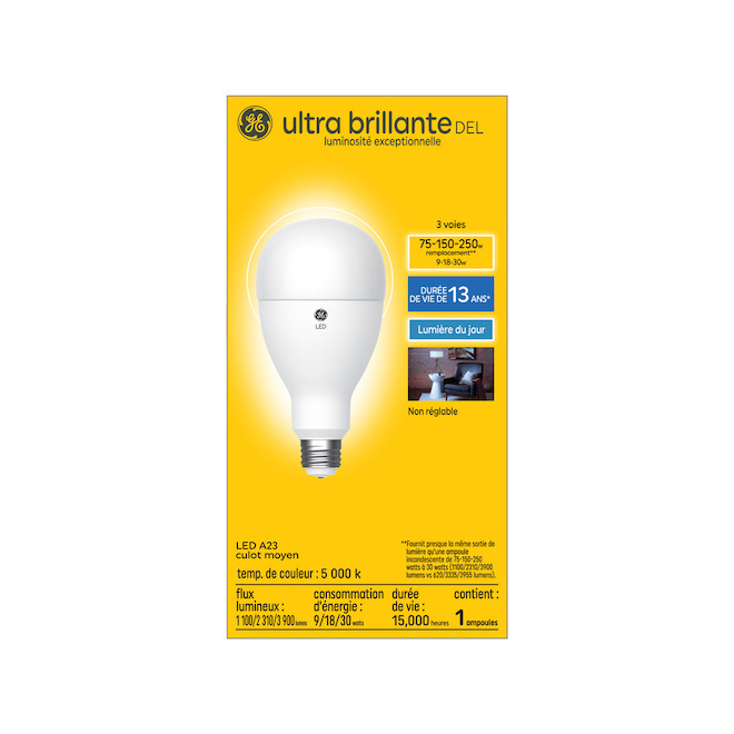 Ampoule DEL à intensité variable GE Ultra Bright de 250 watts EQ, A23 à triple intensité, lumière du jour (1/pqt)