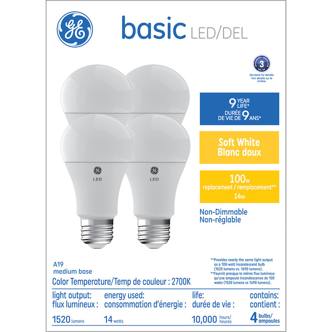 Image of GE | Basic 100-Watt Eq A19 Soft White LED Light Bulb (4-Pack) | Rona