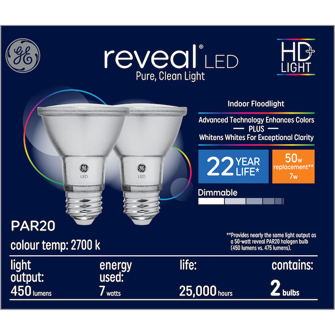 GE Reveal 50-Watt EQ PAR20 Color-Enhancing Dimmable LED Light Bulb (2-Pack)