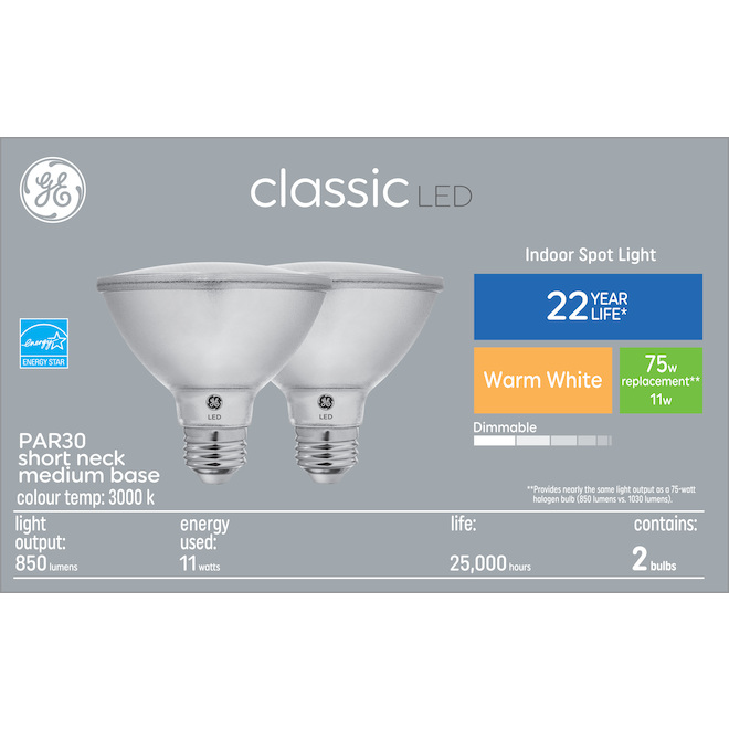 GE Lighting Classic 11-W PAR30 Short Neck Medium Base Warm White Indoor LED Spot Light Bulbs - 2/Pk