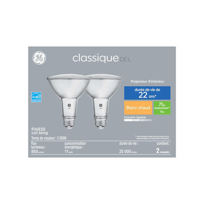 Ampoules DEL d'éclairage GE Lighting Classic, EQ-75-watt, PAR30 blanc chaud, gradation (2-paquet)