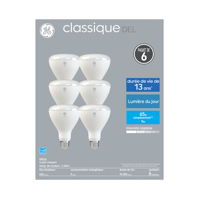 Ampoules projecteurs DEL GE Lighting Classic EQ-65 watt BR30, lumière de jour, dimmable (6-paquet)