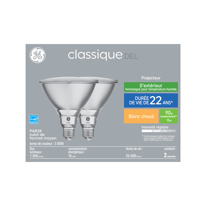 Ampoules DEL projecteurs GE Lighting Classic EQ 90-watt PAR38 blanc chaud, gradable (2-paquet)