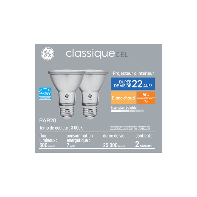 Ampoules DEL projecteur GE Lighting Classic EQ 50-watt PAR20 blanc chaud, gradable (2-paquet)