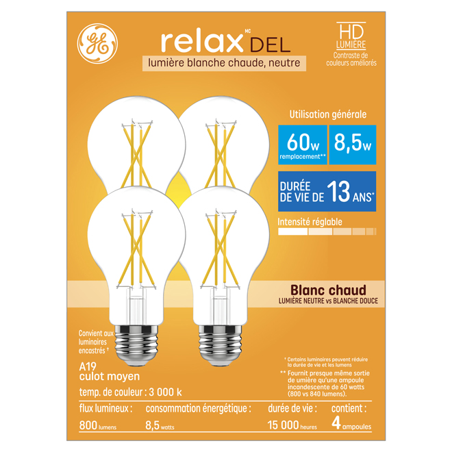 Ampoule DEL blanc chaud 60W A19 GE Lighting, paquet de 4