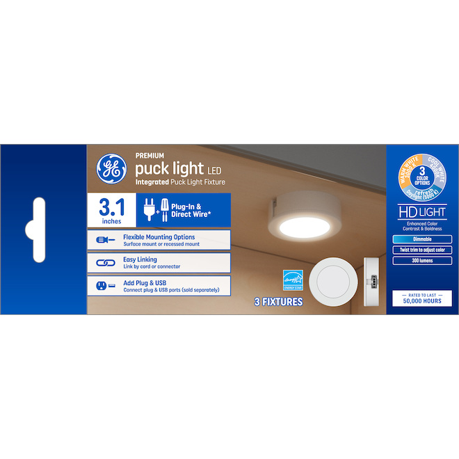 GE Lighting 3-Pack White 3-in Plug-In Plastic LED Light Puck