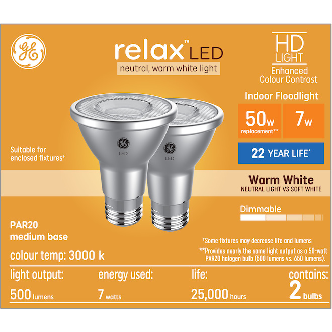 GE Lighting Medium Base 50W LED Bulb PAR20 Warm White, 2-Pack