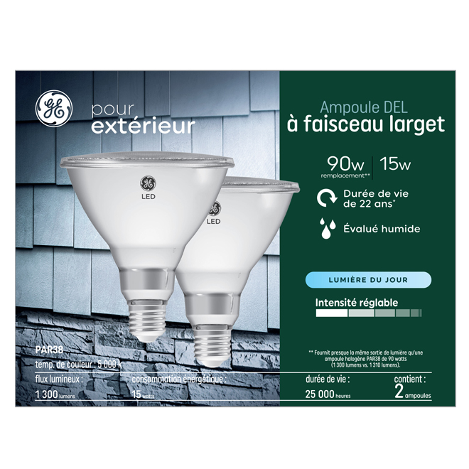 Ampoule DEL 90W PAR38 GE Lighting lumière de jour, paquet de 2