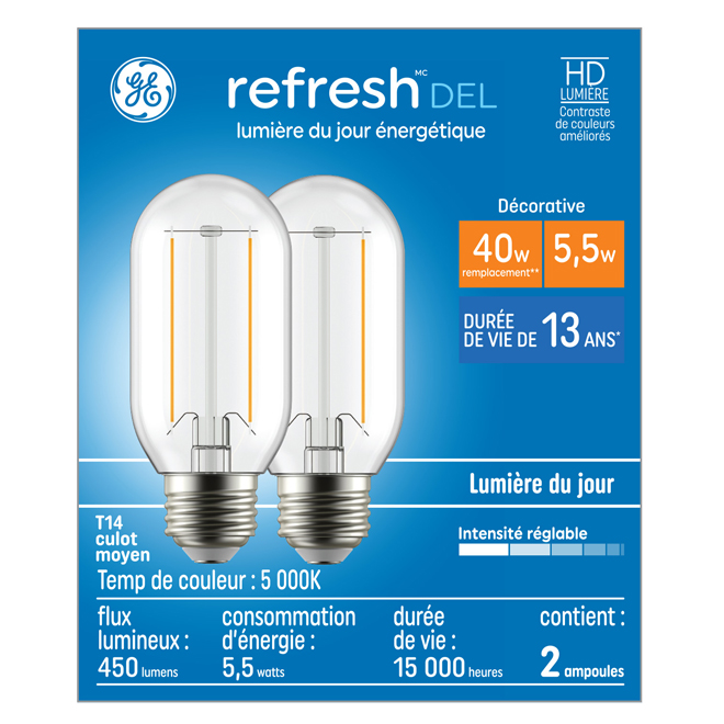 Ampoule DEL 40W T14 GE Lighting à culot moyen, paquet de 2