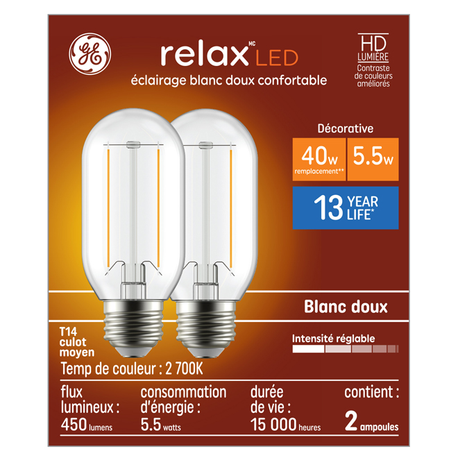 Ampoule DEL blanc opale 40W T14 GE Lighting à culot moyen, paquet de 2